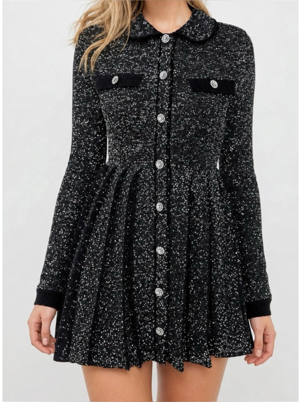 HILL HOUSE Chloe Sequin Crystal Embellished Sweater Dress, Black/Silver, Small